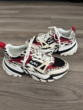 Michael Kors Mixed-Media Chunky Sneaker in Black, Red & Cream with Animal Print